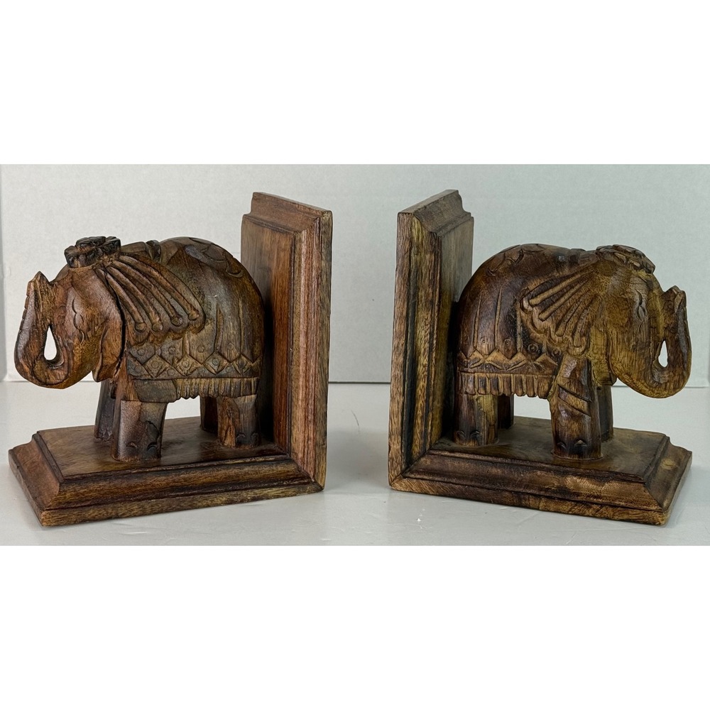 Hand Carved‎ Wooden Elephant Bookends Pair Vintage Decorative Boho Safari Decor